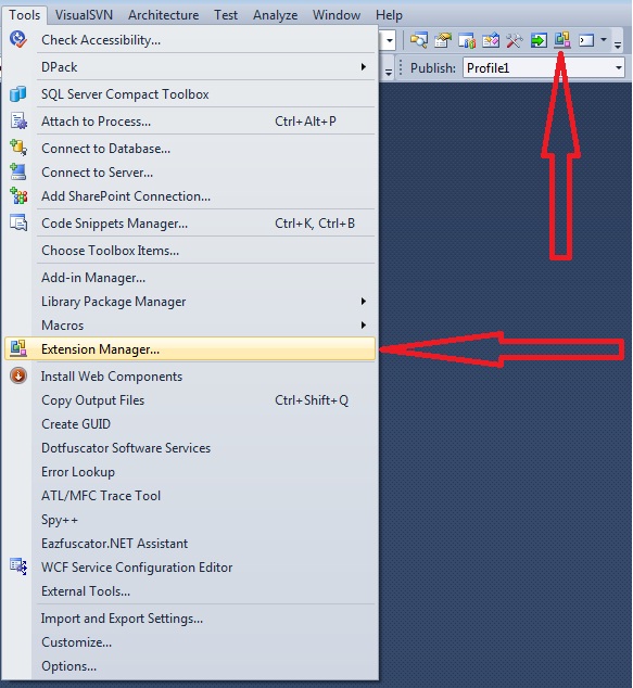 Visual Studio Extension Manager button